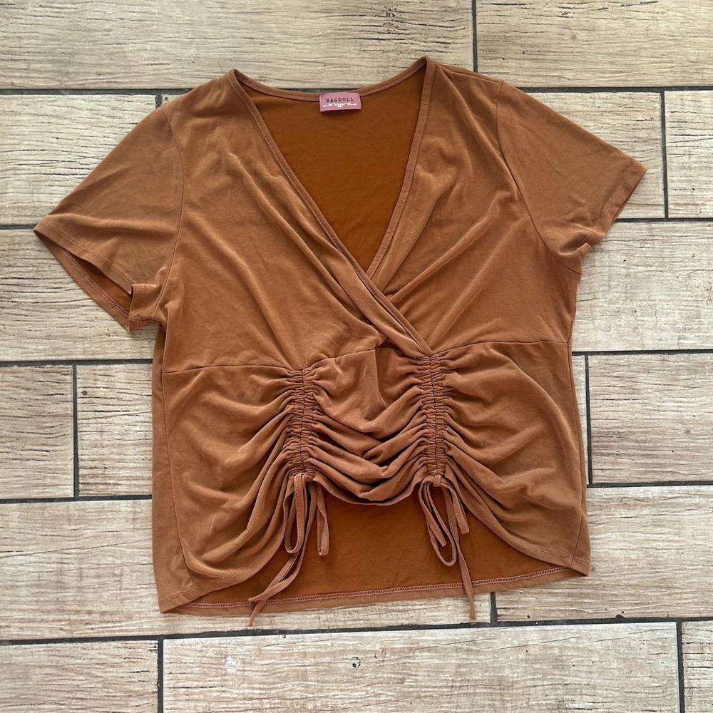 Ragdoll LA Rust Brown Ruched Drawstring V-Neck Surplice Wrap Top Womens L